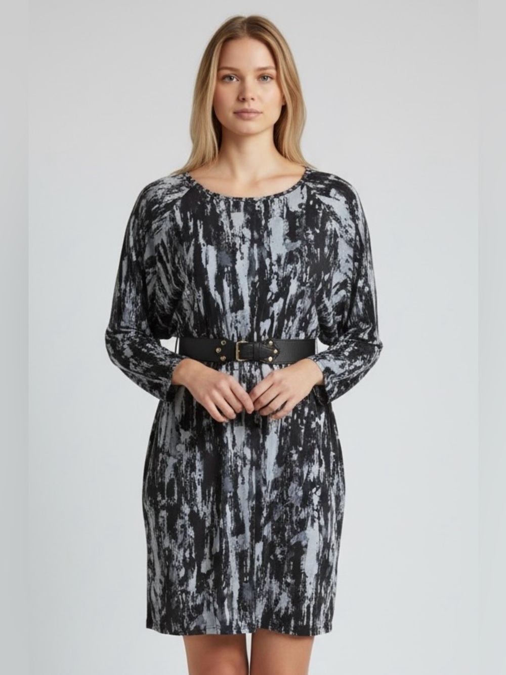 Michael Kors Blue/Black Abstract Long-Sleeve Belted Dress Women’s M NWT